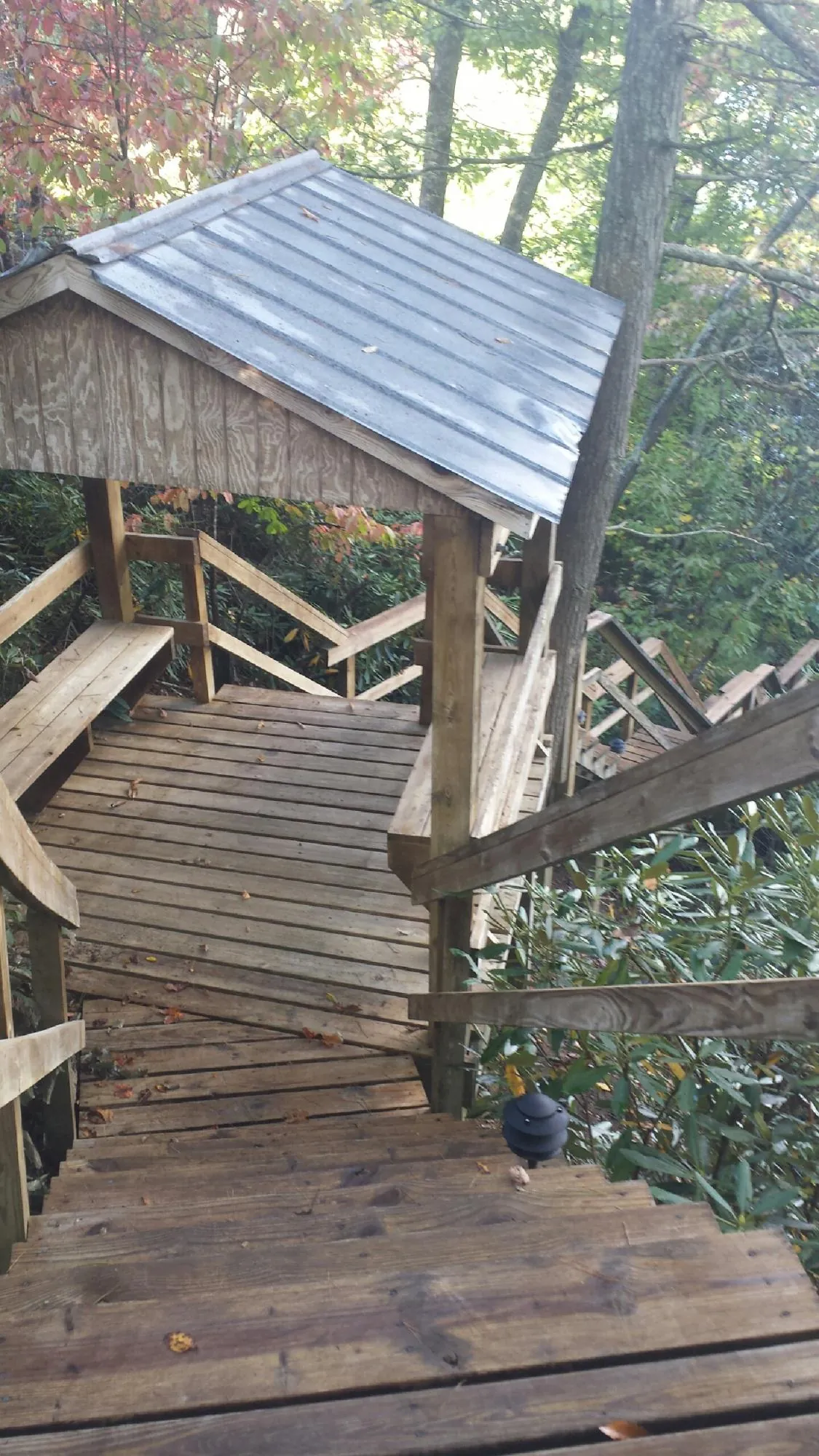 Metal roofed shelter over wooden steps on a wooded walkway — Skylight Repair & Installation work by our crew in Adairville